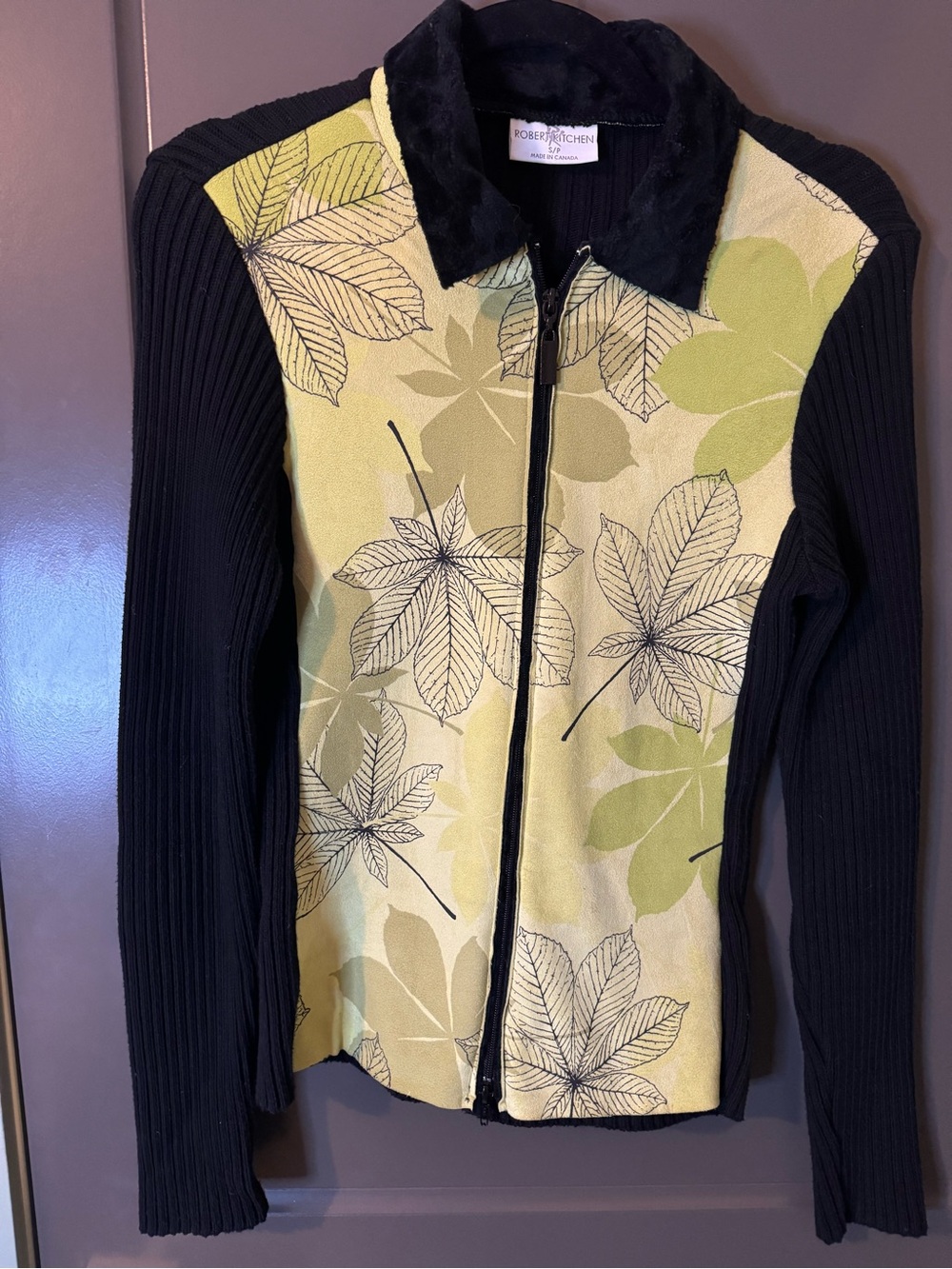 Vintage Robert Kitchen Black & Green Leaf Zip-Front Cardigan - Made in Canada